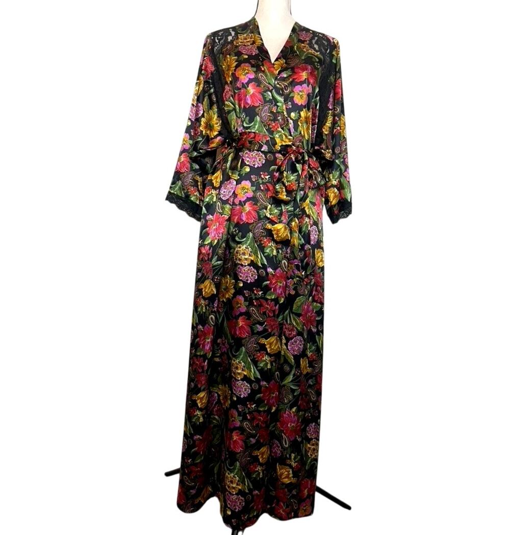 Vtg Vanity Fair Black Floral Satin Wrap Peignoir Long Robe Nightgown Lace Size M